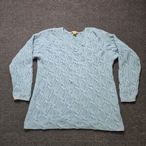Studio 121 Cashmere Chunky Cable Knit Sweater Blue Womens Large V-Neck Luxury